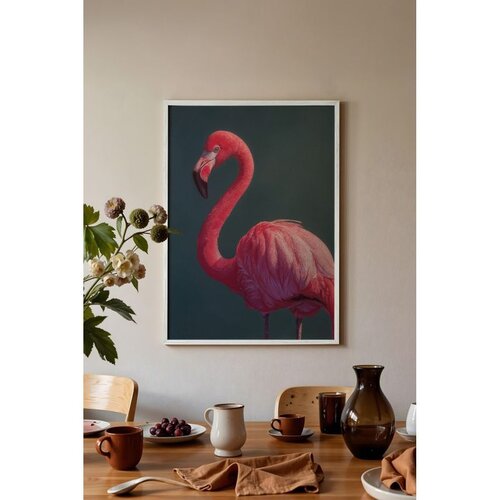 Wallxpert uramljena slika 115228, ružičasti flamingo na tamnozelenoj pozadini, 50 x 70 cm, beli ram Slike