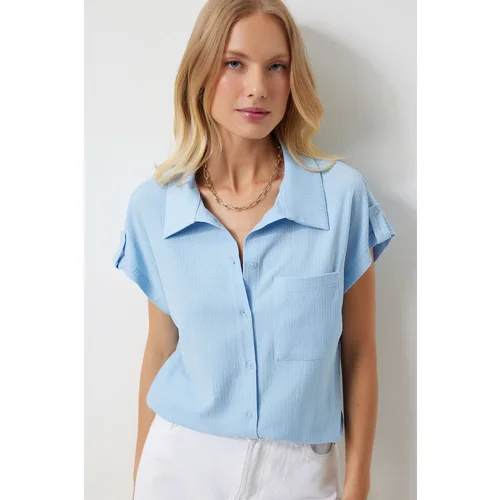  Women's Sky Blue Comfortable Knitted Shirt with Pockets