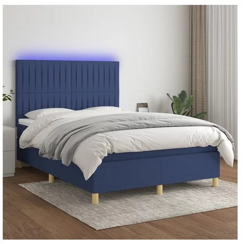  Box spring postelja z vzmetnico LED modra 140x200 cm blago