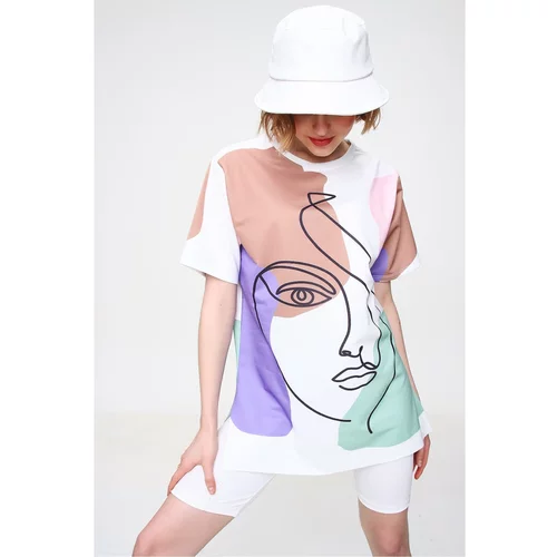 Trend Alaçatı Stili Women's Powder Crew Neck Digital Printed Side Slit Sweatshirt