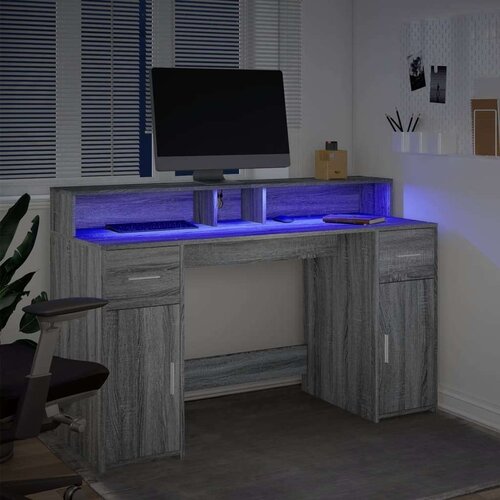 vidaXL Pisalna miza z LED lučkami siva sonoma 140x55x91 cm inž. les Cene