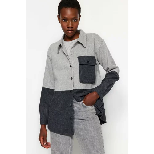 Trendyol Gray Color Block Pocket Oversize Woven Shirt