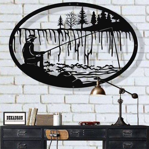 Wallxpert metalni zidni ukras 5203, pecaro&amp;scaron; na obali reke sa &amp;scaron;umom u ovalnom ramu, 75 x 50 cm, crni Slike