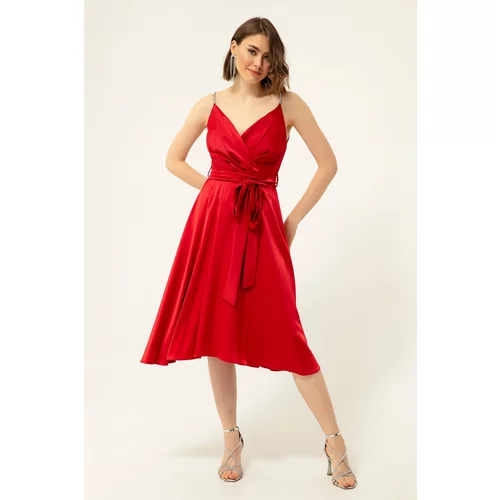 Lafaba Women's Red Double Breasted Neck Midi Satin Evening Dress.