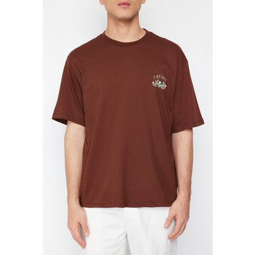 Trendyol Brown Men's Oversize Mushroom Embroidered 100% Cotton T-Shirt Cene
