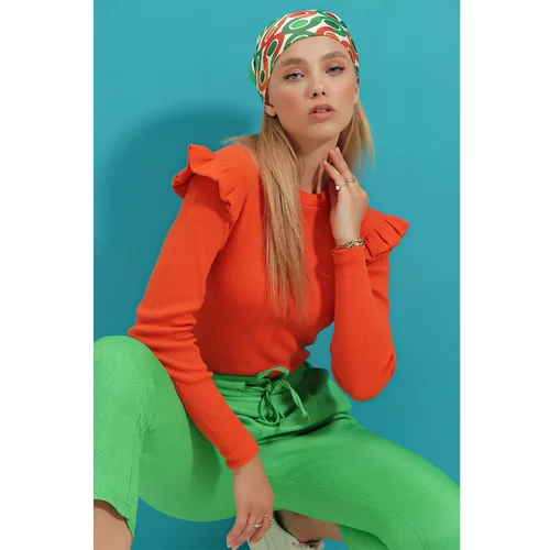 Trend Alaçatı Stili Women's Orange Frill Shoulders Half Turtleneck Sweater