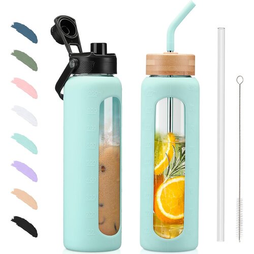 BLUEGO steklena steklenica s slamico in 2 pokrovoma 900ml Slike