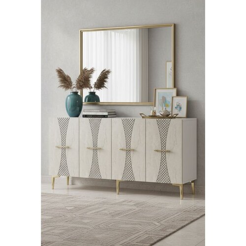 Hanah home komoda Slim 150, 150 cm, bela / travertin / zlatna Cene