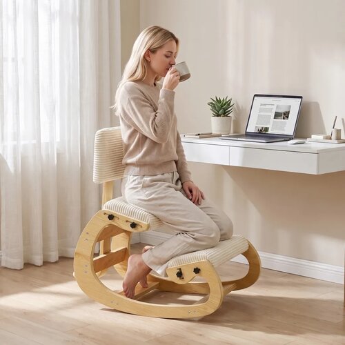  Ergonomska klečeća stolica s naslonom kordur krem bijela Slike
