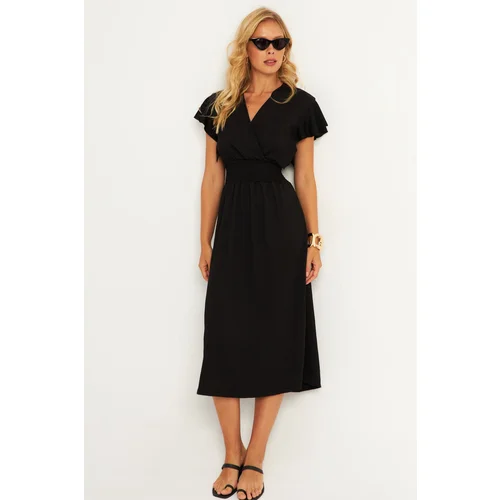 Cool & Sexy Women's Black Wrap Double Breasted Midi Dress