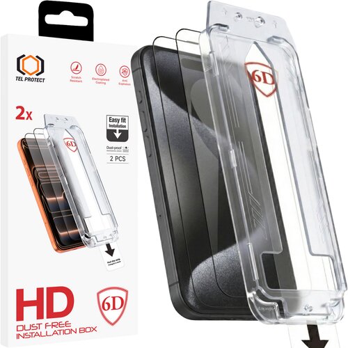 Tel Protect Dust-Free Easy Fit Full Glue 6D kaljeno staklo za iPhone 16 crno &amp;ndash; 2 komada Slike