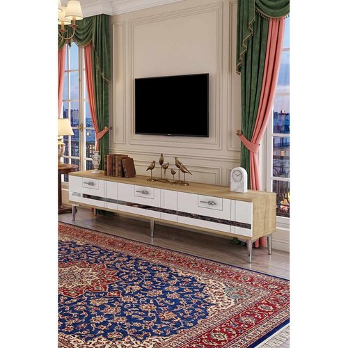 Hanah home TV komoda Ilay, 180 cm, hrast Sapphire / bela / srebrna Cene