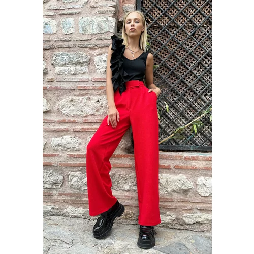 Trend Alaçatı Stili Women's Red High Waist Double Pockets Pleated Palazzo Pants with Snap Fastener