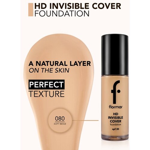 Flormar HD Invisible Cover Foundation lahki tekoči puder s posvetlitvenim učinkom SPF 30 odtenek 80 Soft Beige 30 ml Slike