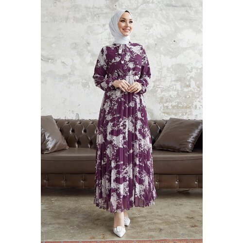 InStyle Diva Neck Belted Pleated Chiffon Dress - Purple Slike