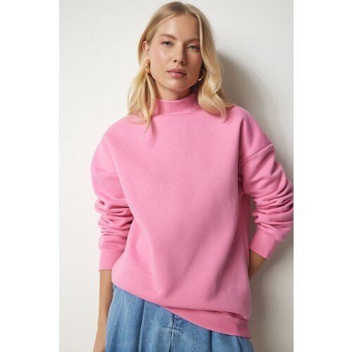 Happiness İstanbul Women's Light Pink Stand-Up Collar Basic Branded Sweatshirt Slike