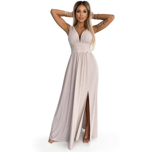 Numoco Long brocade dress with neckline and stitching at the waist Slike