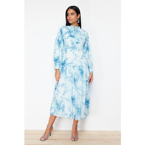 Trendyol blue lined floral patterned belted woven dress Slike