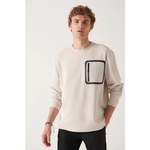 Avva Men's Beige Crew Neck Soft Touch Pocket Standard Fit Regular Fit Sweatshirt