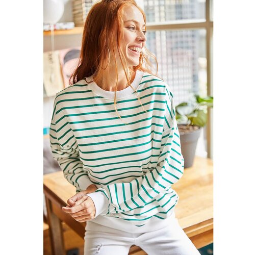Olalook Women's Ecru Green Striped Soft Textured Loose Sweatshirt Slike