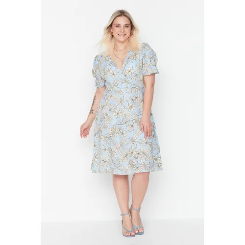 Trendyol Curve Blue Patterned Belted Viscose Dress