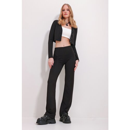 Trend Alaçatı Stili Women's Black Lycra Knitted Crop Cardigan And Palazzo Pants Suit Slike