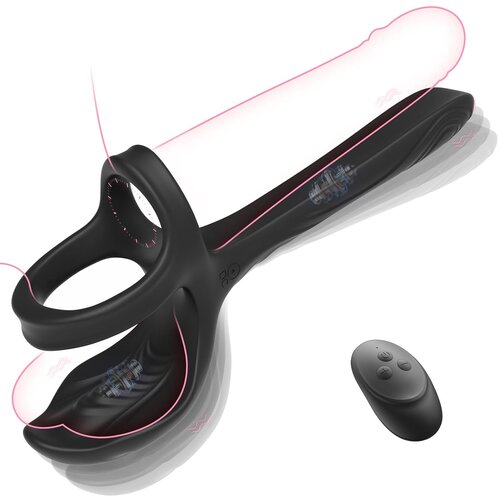 SuperLove Double Penetration 3in1 Vibrating Cock Ring & Testicles Stimulator with Remote Black Cene