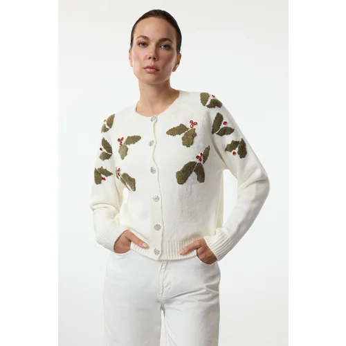 Trendyol Ecru Soft Texture Button Detailed Stone Embroidered Knitted Cardigan