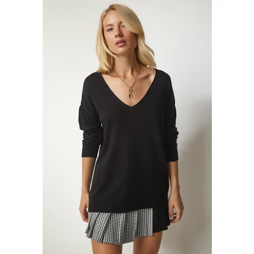 Happiness İstanbul Women's Black V-Neck Thin Knitwear Sweater