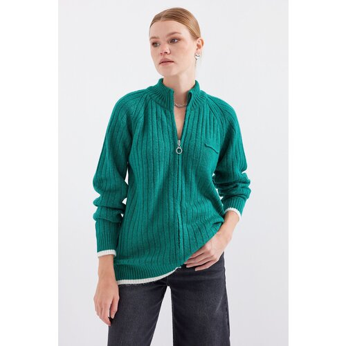 Bigdart 15863 Zippered Knitwear Cardigan - Emerald Cene