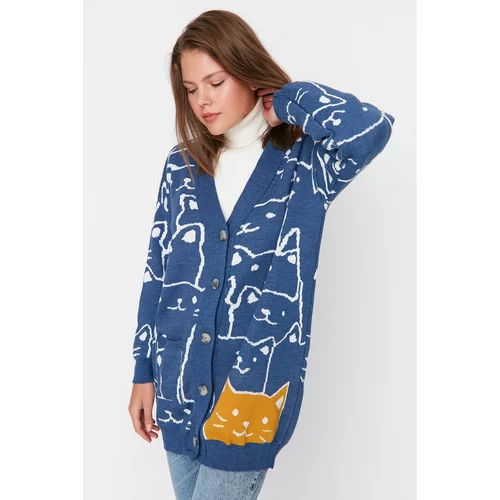 Trendyol Indigo Cat Patterned Knitwear Cardigan