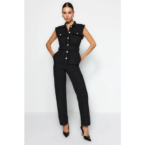 Trendyol Black Button Detailed Tweed Jumpsuit With A Belt
