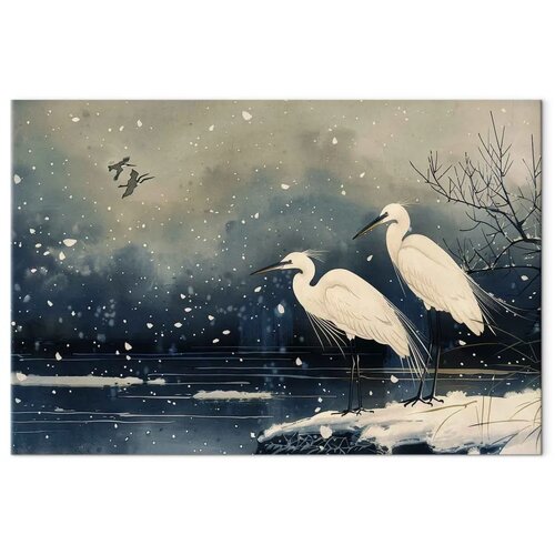  Slika - Herons over a winter pond - Japanese-style illustration in dark colours 90x60 Na talijanskom platnu Slike