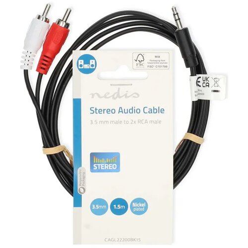 Nedis Stereo audio kabl CAGL22200BK15, 3,5 mm mu&scaron;ki, 2x RCA mu&scaron;ki, Niklovani, 1,50 m, Crni Cene