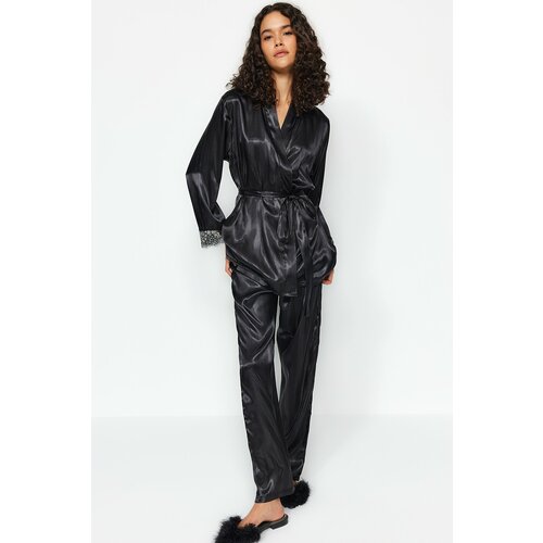 Trendyol Black Premium Satin Lace and Tie Detail Woven Pajamas Set Slike