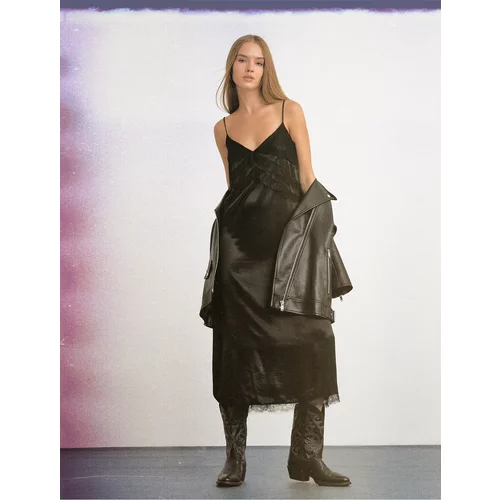 Koton Satin Dress Thin Straps Lace Midi Length