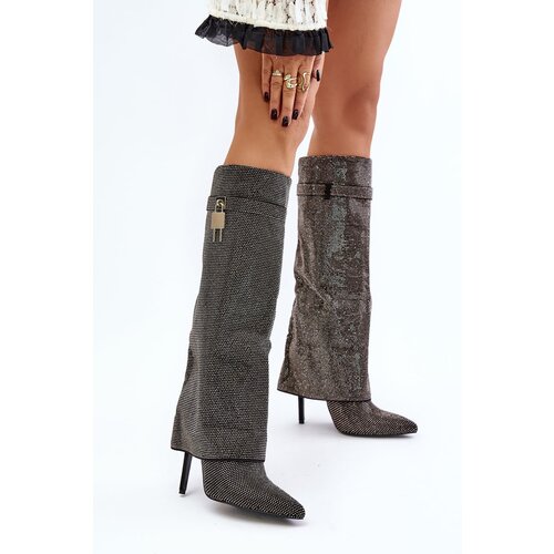 Kesi Embellished stiletto heel slip-on boots with a bent upper Black Enathlin Slike
