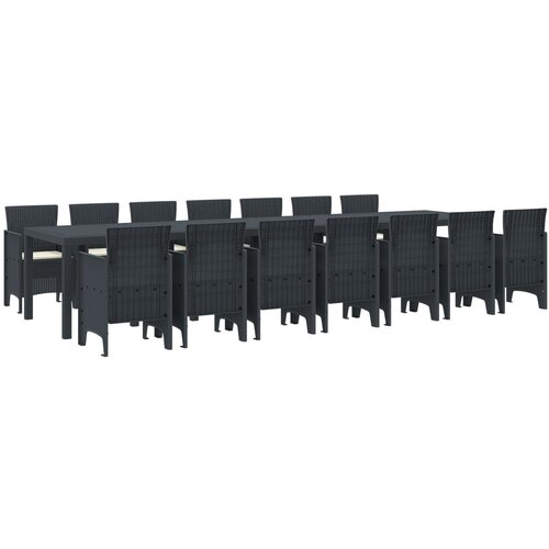 VidaXL 15-delna vrtna jedilna garnitura z blazinami Antracit Poli ratan, Vrtna miza Antracit 250x100x73 cm Poli ratan, Vrtna miza Antracit 150x100x73 cm Poli ratan, Vrtni stoli z blazinami 2 kosa Antracit Poli ratan, Vrtni stoli z blazinami 4 kosa Antracit Poli ratan Slike