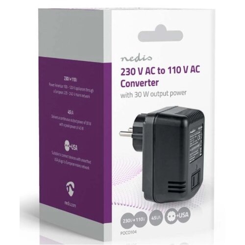 Nedis POCO104 Konvertor snage, 230V AC 50Hz, 30W, Euro, Black Omogucava upotrebu opreme iz SAD u Evropi Cene
