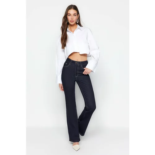 Trendyol Navy Blue High Waist Flare Jeans with Stitching Detail