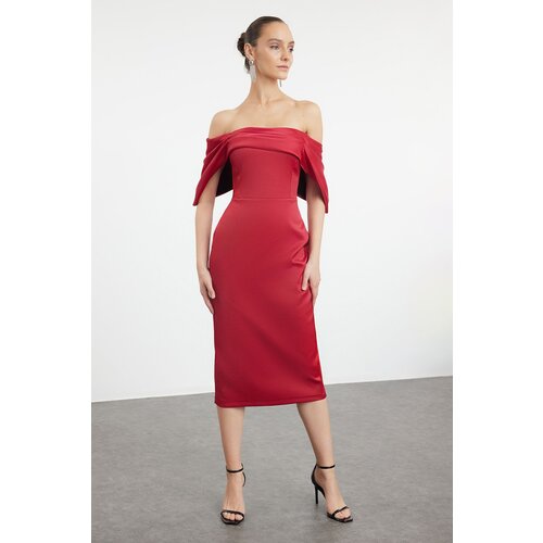 Trendyol Dark Red Fitted Carmen Neckline Satin Woven Dress Slike