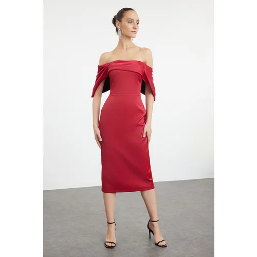 Trendyol Dark Red Fitted Carmen Neckline Satin Woven Dress