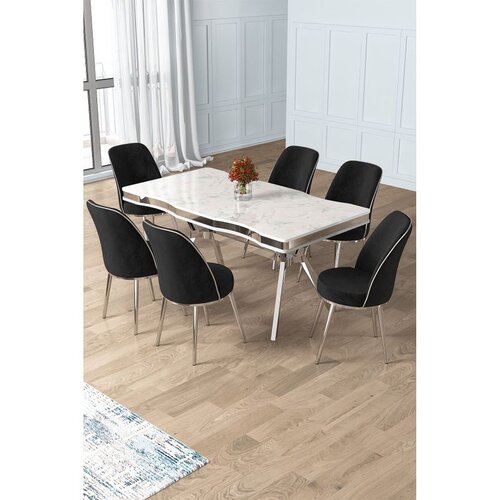 Hanah home trpezarijski set Prah, sto i 6 stolica, ploča u dekoru belog mermera, hromirane noge, crna tkanina Babyface Cene