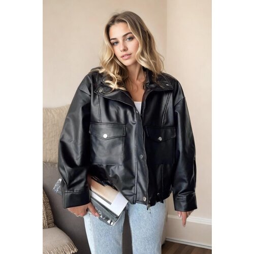 Dewberry 61605 Double Pocket PU Women Jacket-BLACK Slike