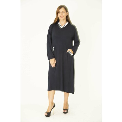 Şans Women's Plus Size Navy Blue Ribbed Detail V-Neck Sleeve Length Adjustable Pocket Dress Slike