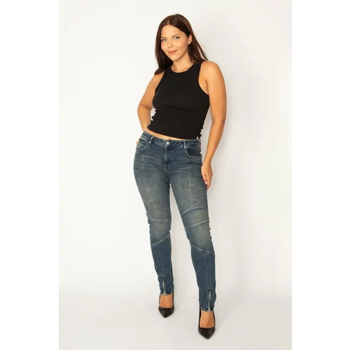 Şans Women's Plus Size Navy Blue Leg Zipper And Cup Detail Skinny Jeans