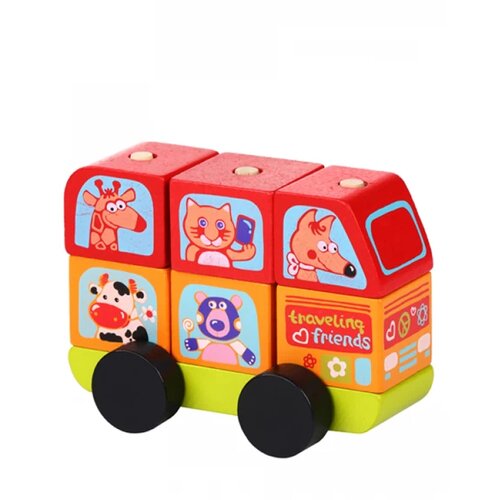 Cubika drvena igračka konstruktor mini autobus, 7 elemenata Slike