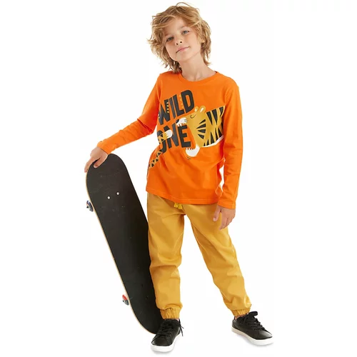 Denokids Wild One Boys' Orange T-shirt, Mustard Gabardine Pants Set.