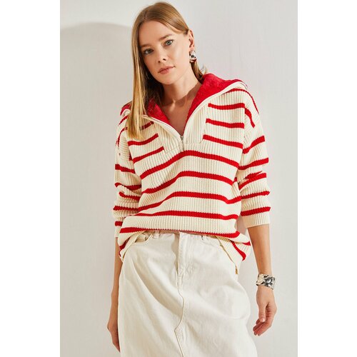 Bianco Lucci Women's Collar Shearling Striped Zippered Knitwear Sweater Slike