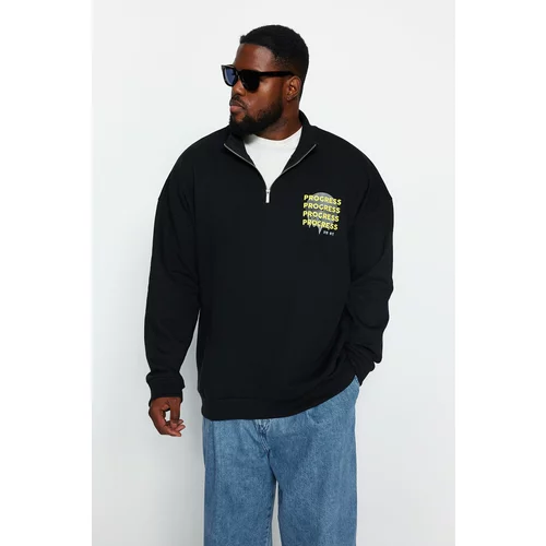 Trendyol Black Men's Plus Size Oversize/Wide cut Standing Collar Zippered Comfort Printed Fleece Inner Sweatshirt.